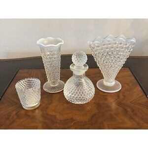 Vintage Moonstone Hobnail Clear and Opalescent Vases Perfume Bottle MCM Set of 4